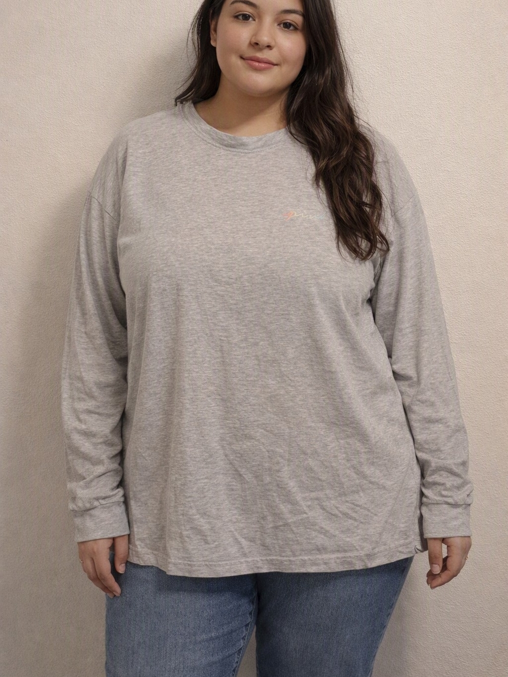 Plus Size Large Long Sleeve Crewneck Top in Light Gray Pink